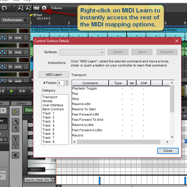 Right-click MIDI Learn tip.
