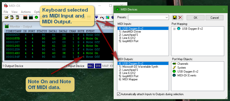 MIDI Ox settings and status screens.