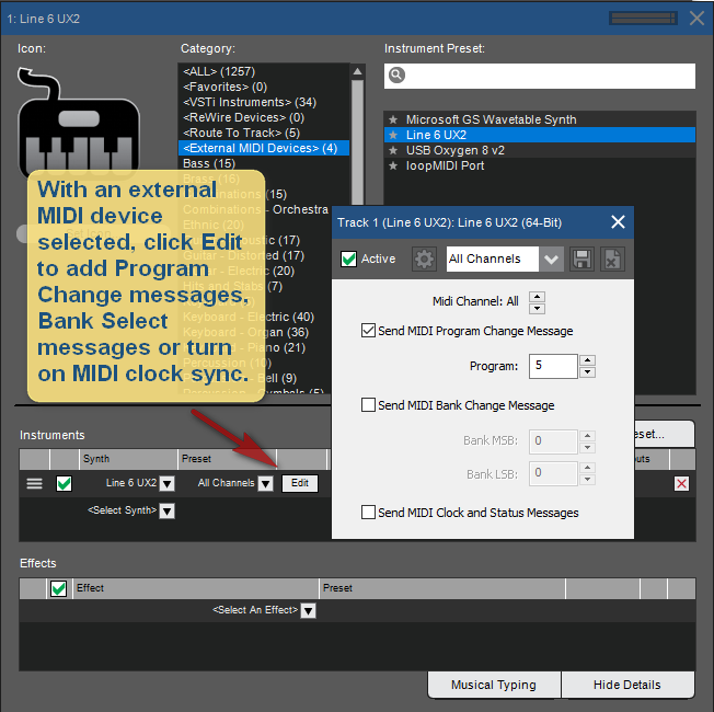 Edit external MIDI device Mixcraft 8.