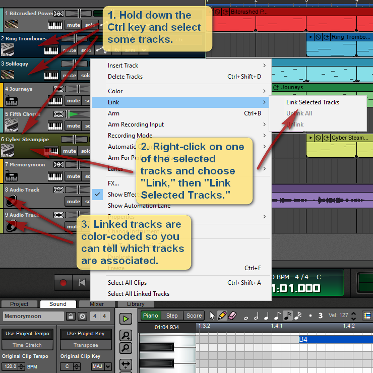 Link selected tracks in Mixcraft 8.