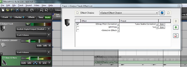 Track 2.1 is part of submix 2. Both are panned to the right. The output of these channels goes to output track 1, which has GSnap active as the only vst in the chain. This output shows no panning.