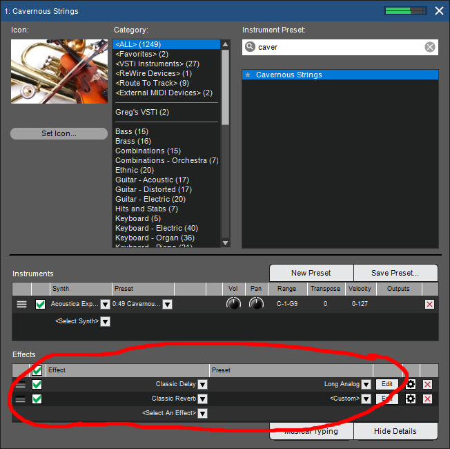 Effects in Cavernous Strings preset.