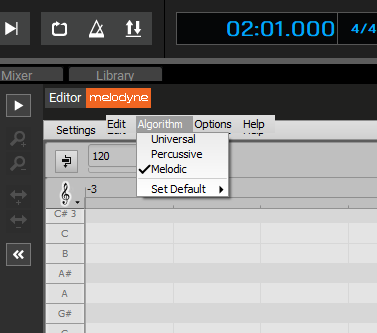 Melodic option on Algorithm menu in Melodyne