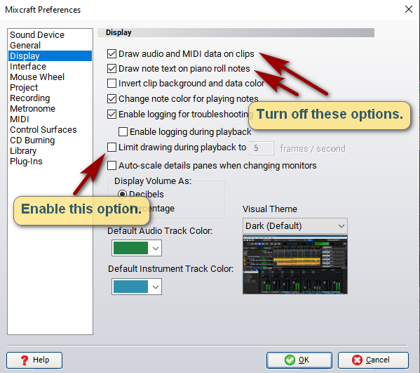 Drawing options in display preferences.