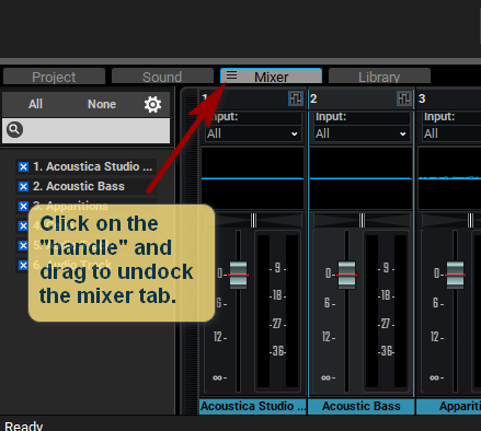 Undocking the mixer in Mixcraft 9.