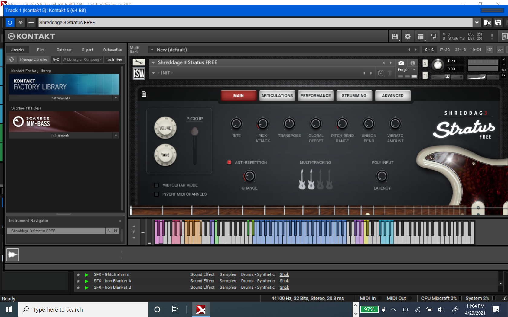 Here's what it looks like when I open Kontakt -- pretty much the same as standalone mode with no Shreddage showing in the library, even though it is open in the main screen.  By the way, the only way I can open Shreddage is to click on the &quot;Load/Save&quot; icon at the top and then click &quot;Load recent...&quot;