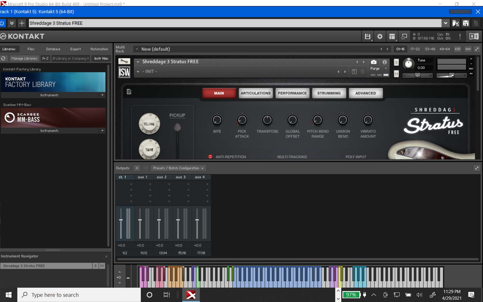 This is what Kontakt looks like with the output panel open.