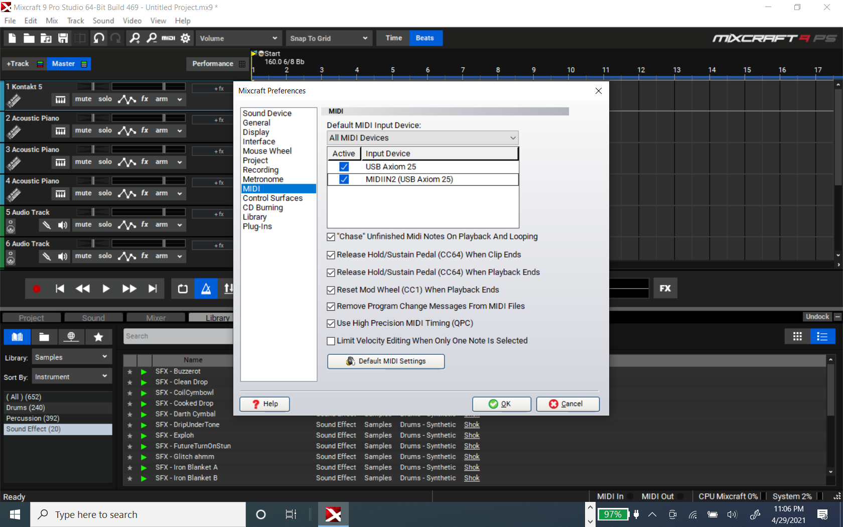 This is Mixcraft's &quot;Preferences &gt; MIDI&quot; section showing my Axiom25 MIDI controller is checked, but I'm not getting a signal from it in &quot;Shreddage&quot;.  Elsewhere in Mixcraft I'm getting a signal from it just fine.