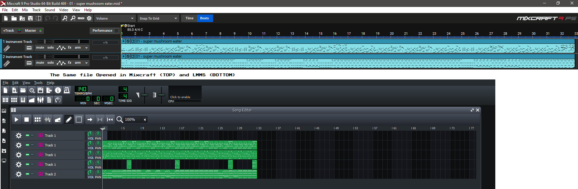 Comparison of same MIDI file opened in the two programs