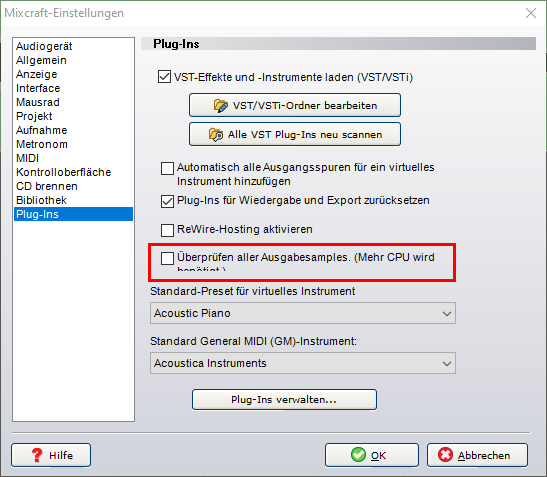 Plug-Ins settings dialog Mixcraft 8