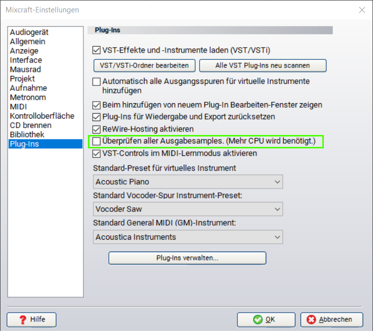 Plug-Ins settings dialog Mixcraft 9