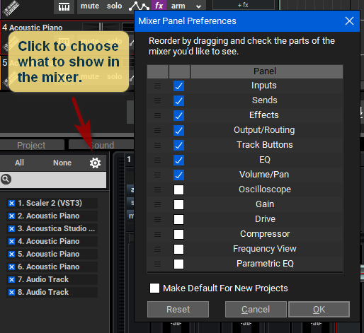 Mixer panel preferences