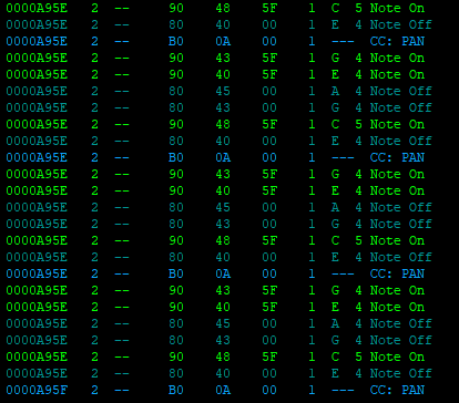 MIDI output of Mixcraft viewed with MIDI-OX