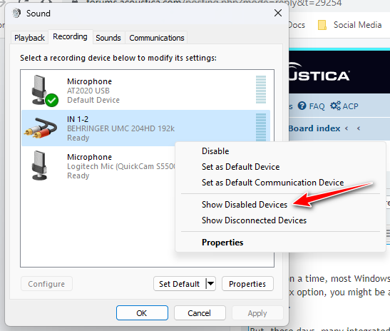 Show disabled devices in Windows sound control panel