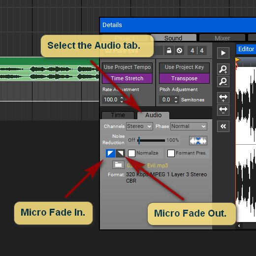 Micro Fade options on audio tab in Mixcraft 9.