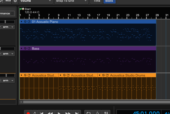 Three MIDI clips in Mixcraft 10.