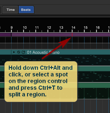 Splitting a region in Mixcraft 10 Pro Studio.