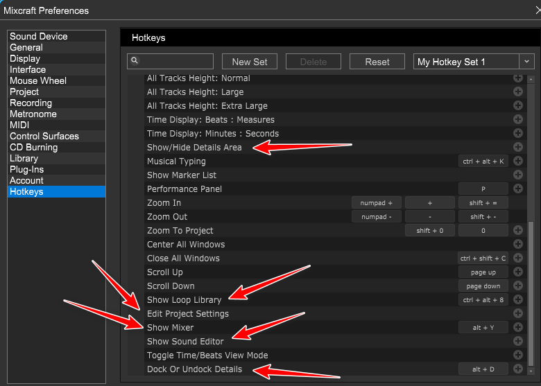 Hotkey options to show or hide the mixer, library, etc.
