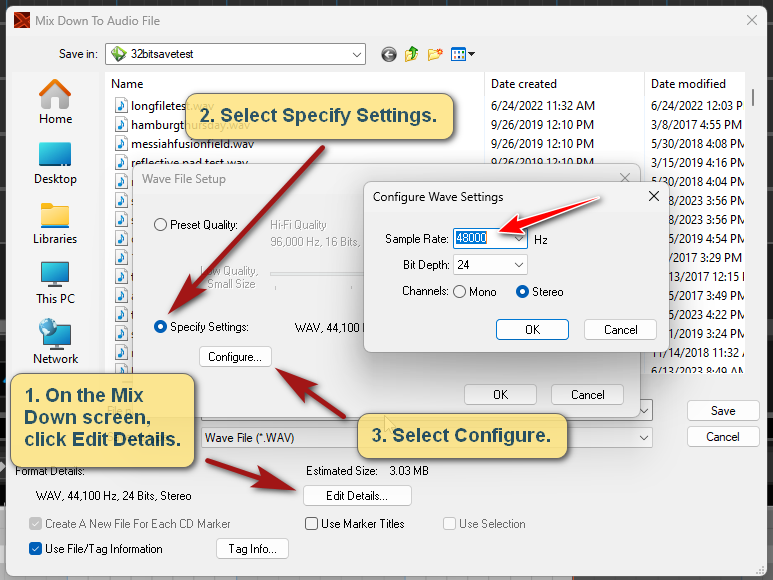 Specify audio file settings.