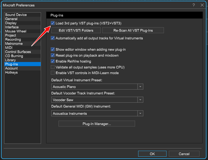 Load 3rd party plugin setting in Mixcraft 10.