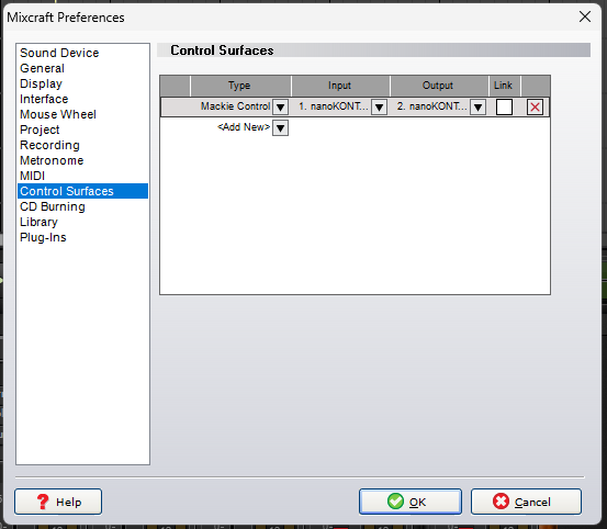 Control surface preferences for Nanokontrol2 in Mixcraft 8.