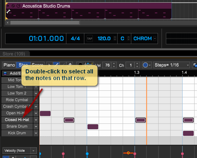 Select all the notes for a drum part by double-clicking.