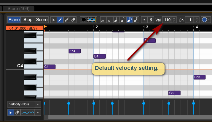 Default velocity setting in Mixcraft 10.