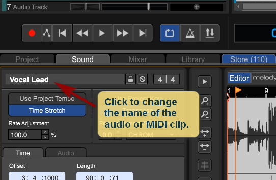 Renaming a clip in Mixcraft 10.
