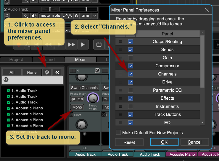 How to find the mono option in Mixcraft 10's mixer.
