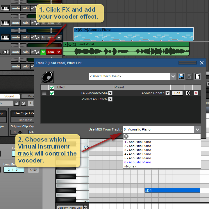 Use MIDI From Track and vocoder plugins.